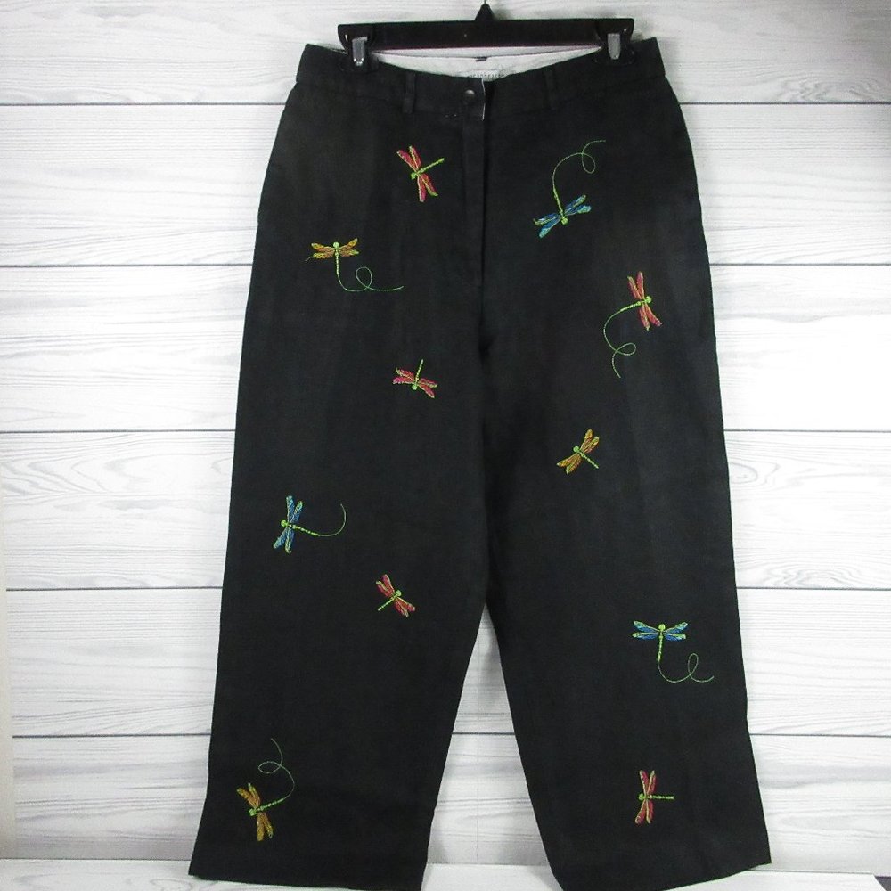 Paraphrase Pants Women 10 Black Linen Embroidered Colorful Dragonflies High Rise